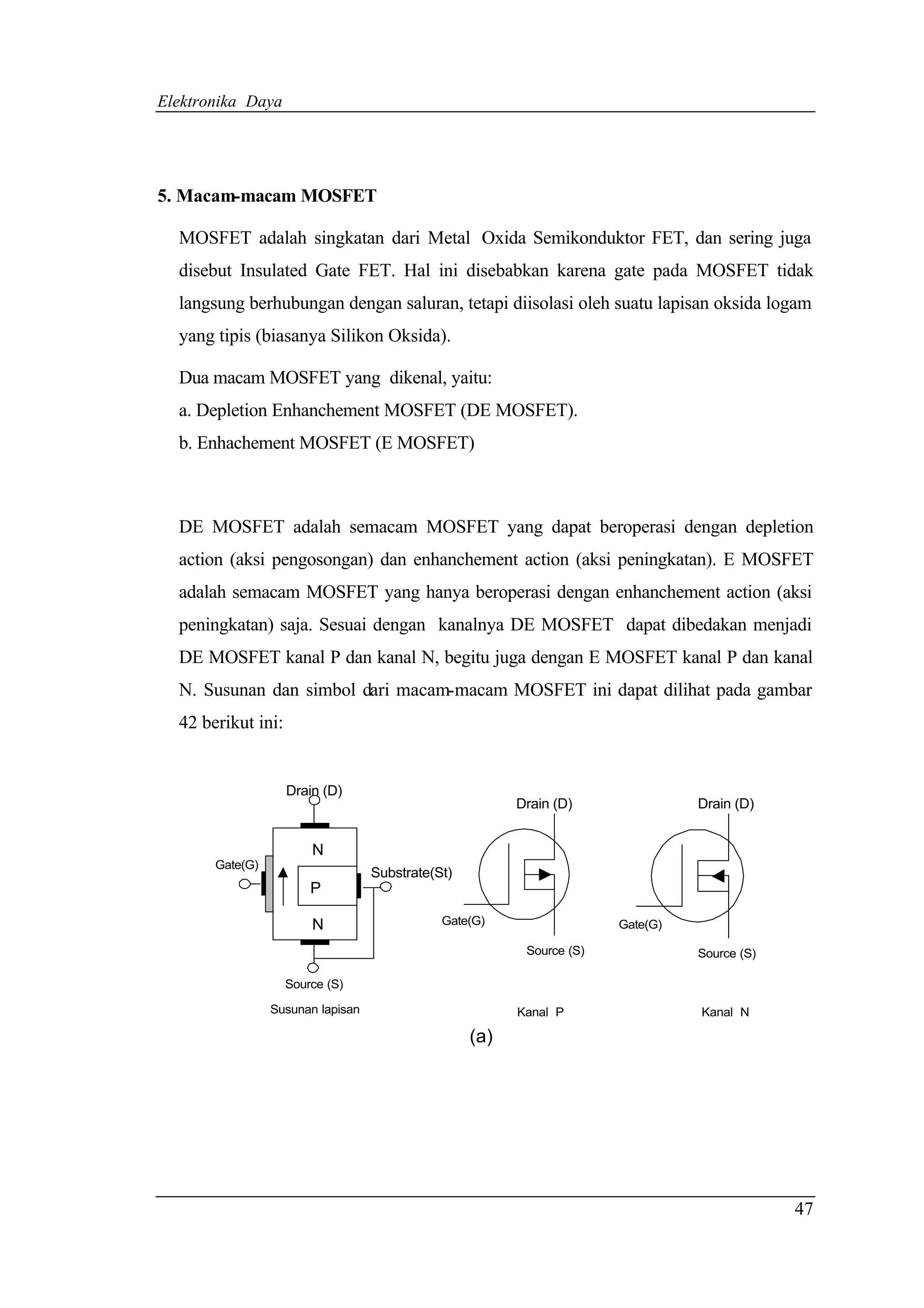 Elektronika Daya




5. Macam-macam MOSFET

  MOSFET adalah singkatan dari Metal Oxida Semikonduktor FET, dan sering juga
  disebut Insulated Gate FET. Hal ini disebabkan karena gate pada MOSFET tidak
  langsung berhubungan dengan saluran, tetapi diisolasi oleh suatu lapisan oksida logam
  yang tipis (biasanya Silikon Oksida).

  Dua macam MOSFET yang dikenal, yaitu:
  a. Depletion Enhanchement MOSFET (DE MOSFET).
  b. Enhachement MOSFET (E MOSFET)



  DE MOSFET adalah semacam MOSFET yang dapat beroperasi dengan depletion
  action (aksi pengosongan) dan enhanchement action (aksi peningkatan). E MOSFET
  adalah semacam MOSFET yang hanya beroperasi dengan enhanchement action (aksi
  peningkatan) saja. Sesuai dengan kanalnya DE MOSFET dapat dibedakan menjadi
  DE MOSFET kanal P dan kanal N, begitu juga dengan E MOSFET kanal P dan kanal
  N. Susunan dan simbol dari macam-macam MOSFET ini dapat dilihat pada gambar
  42 berikut ini:


                    Drain (D)
                                                         Drain (D)               Drain (D)


                        N
       Gate(G)
                                   Substrate(St)
                        P

                        N                     Gate(G)                  Gate(G)

                                                          Source (S)             Source (S)

                    Source (S)

                 Susunan lapisan                         Kanal P                 Kanal N

                                                   (a)




                                                                                              47
 