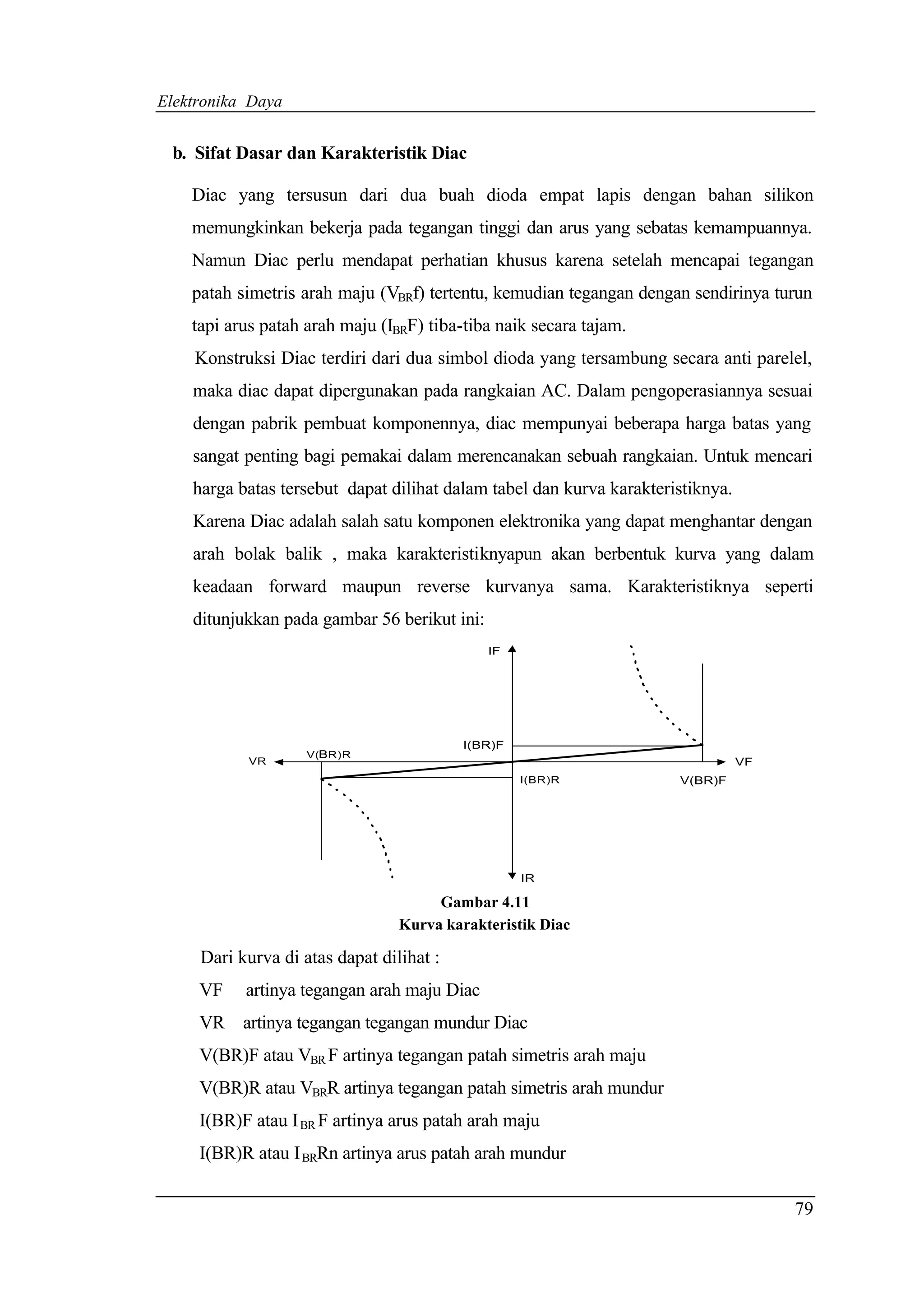 Elektronika Daya


 b. Sifat Dasar dan Karakteristik Diac

    Diac yang tersusun dari dua buah dioda empat lapis dengan bahan silikon
    memungkinkan bekerja pada tegangan tinggi dan arus yang sebatas kemampuannya.
    Namun Diac perlu mendapat perhatian khusus karena setelah mencapai tegangan
    patah simetris arah maju (VBRf) tertentu, kemudian tegangan dengan sendirinya turun
    tapi arus patah arah maju (IBRF) tiba-tiba naik secara tajam.
    Konstruksi Diac terdiri dari dua simbol dioda yang tersambung secara anti parelel,
    maka diac dapat dipergunakan pada rangkaian AC. Dalam pengoperasiannya sesuai
    dengan pabrik pembuat komponennya, diac mempunyai beberapa harga batas yang
    sangat penting bagi pemakai dalam merencanakan sebuah rangkaian. Untuk mencari
    harga batas tersebut dapat dilihat dalam tabel dan kurva karakteristiknya.
    Karena Diac adalah salah satu komponen elektronika yang dapat menghantar dengan
    arah bolak balik , maka karakteristiknyapun akan berbentuk kurva yang dalam
    keadaan forward maupun reverse kurvanya sama. Karakteristiknya seperti
    ditunjukkan pada gambar 56 berikut ini:
                                              IF




                                          I(BR)F
                    V(BR)R
           VR                                                                    VF
                                                   I(BR)R             V(BR)F




                                                   IR

                                      Gambar 4.11
                                 Kurva karakteristik Diac

     Dari kurva di atas dapat dilihat :
     VF    artinya tegangan arah maju Diac
     VR artinya tegangan tegangan mundur Diac
     V(BR)F atau VBR F artinya tegangan patah simetris arah maju
     V(BR)R atau VBRR artinya tegangan patah simetris arah mundur
     I(BR)F atau I BR F artinya arus patah arah maju
     I(BR)R atau I BRRn artinya arus patah arah mundur


                                                                                      79
 