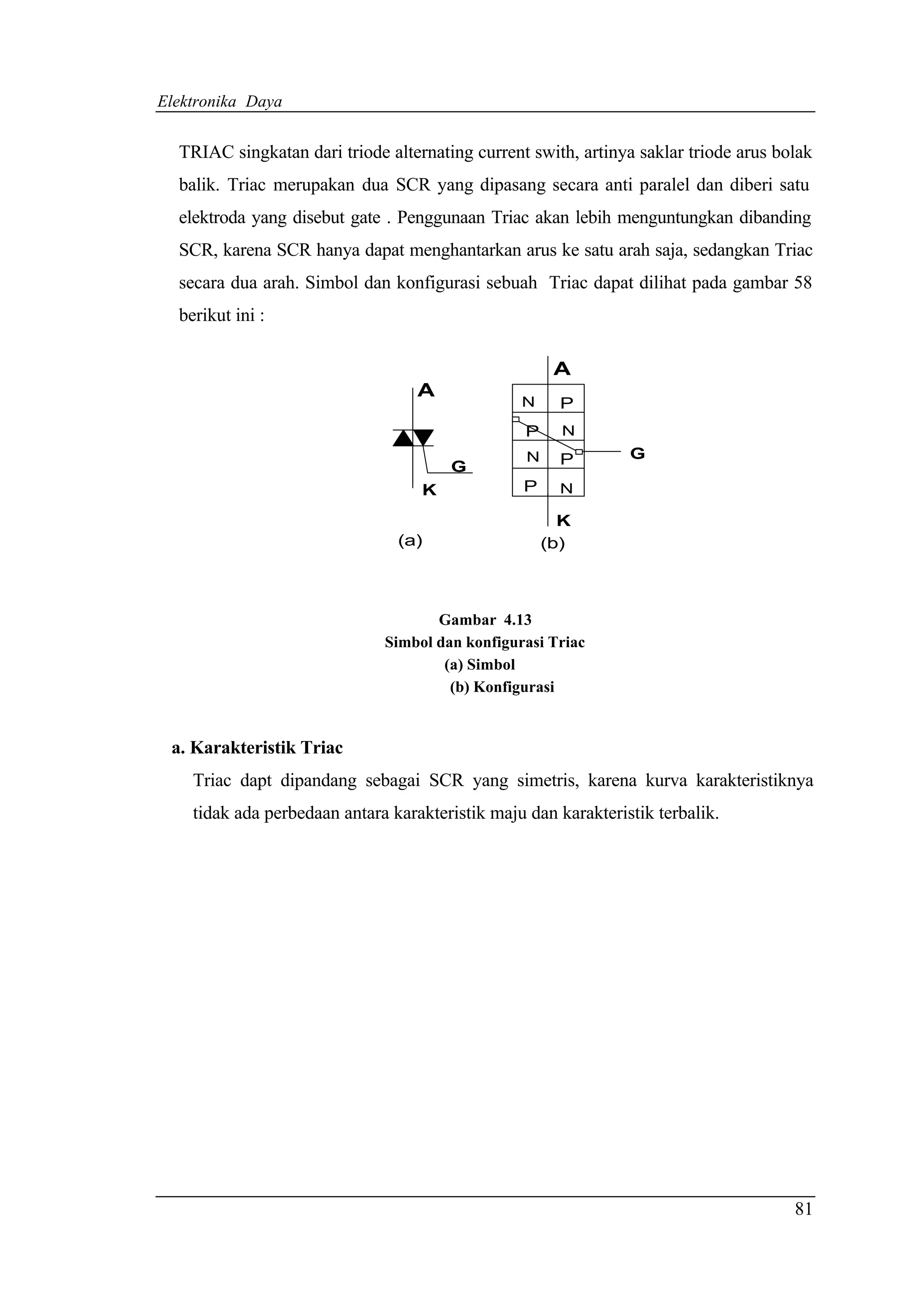 Elektronika Daya


  TRIAC singkatan dari triode alternating current swith, artinya saklar triode arus bolak
  balik. Triac merupakan dua SCR yang dipasang secara anti paralel dan diberi satu
  elektroda yang disebut gate . Penggunaan Triac akan lebih menguntungkan dibanding
  SCR, karena SCR hanya dapat menghantarkan arus ke satu arah saja, sedangkan Triac
  secara dua arah. Simbol dan konfigurasi sebuah Triac dapat dilihat pada gambar 58
  berikut ini :

                                                       A
                                   A
                                                 N     P
                                                  P     N
                                                  N    P        G
                                       G
                                   K             P     N

                                                        K
                                (a)                   (b)



                                     Gambar 4.13
                              Simbol dan konfigurasi Triac
                                      (a) Simbol
                                       (b) Konfigurasi


 a. Karakteristik Triac
    Triac dapt dipandang sebagai SCR yang simetris, karena kurva karakteristiknya
    tidak ada perbedaan antara karakteristik maju dan karakteristik terbalik.




                                                                                      81
 