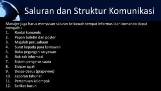 Saluran dan Struktur Komunikasi
Manajer juga harus menyusun saluran ke bawah tempat informasi dan komando dapat
mengalir :
1. Rantai komando
2. Papan buletin dan poster
3. Majalah perusahaan
4. Surat kepada para karyawan
5. Buku pegangan karyawan
6. Rak-rak informasi
7. Sistem pengeras suara
8. Sisipan upah
9. Desas-desus (grapevine)
10. Laporan tahunan
11. Pertemuan kelompok
12. Serikat buruh
 