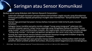 Saringan atau Sensor Komunikasi
Berikut survei yang dilakukan oleh Opinion Research Corporation :
1. Lebih dari setengah karyawan percaya bahwa menceritakan segala sesuatu yang dirasakannya
tentang perusahaan kepada penyelianya mungkin akan memberikan “banyak kesulitan” kepada
mereka.
2. Hampir tiga perempat karyawan merasa bahwa manajemen tidak tertarik pada masalah
karyawan.
3. Sebagian besar menbilai penyelia mereka sebagai “orang yang menguasai” pekerjaan dan
masalah-masalah operasi, tetapi hanya sepertiga yang mengatakan bahwa dia adalah “orang
yang mudah” untuk membicarakan masalah, dan seperempat menilai penyelia mereka sebagai
“orang yang mampu” menangani pengaduan-pengaduan dan saran-saran ang mendorong.
4. Kurang dari seperempat merasa bahwa manajemen biasanya mengambil tindakan langsung
dalam hubungan dan pengaduan-pengaduan karyawan.
5. Hampir tiga perempat dari para penyelia merasa bahwa mereka membutuhkan lebih banyak
pelatihan dalam praktek-praktek komunikasi, khususnya dalam bagaimana cara mendengarkan.
• Alfred Vogel, “Why Don’t Employees Speak Up?” Personel Administration, vol. 30, no. 3, Mei-Juni 1974, halaman 20-22.
 