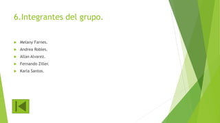 6.Integrantes del grupo.
 Melany Farnes.
 Andrea Robles.
 Allan Alvarez.
 Fernando Ziller.
 Karla Santos.
 