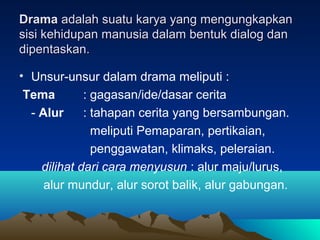 DramaDrama adalah suatu karya yang mengungkapkanadalah suatu karya yang mengungkapkan
sisi kehidupan manusia dalam bentuk dialog dansisi kehidupan manusia dalam bentuk dialog dan
dipentaskan.dipentaskan.
• Unsur-unsur dalam drama meliputi :
Tema : gagasan/ide/dasar cerita
- Alur : tahapan cerita yang bersambungan.
meliputi Pemaparan, pertikaian,
penggawatan, klimaks, peleraian.
dilihat dari cara menyusun : alur maju/lurus,
alur mundur, alur sorot balik, alur gabungan.
 