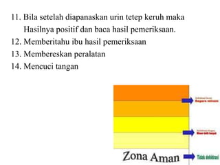 11. Bila setelah diapanaskan urin tetep keruh maka
    Hasilnya positif dan baca hasil pemeriksaan.
12. Memberitahu ibu hasil pemeriksaan
13. Membereskan peralatan
14. Mencuci tangan
 