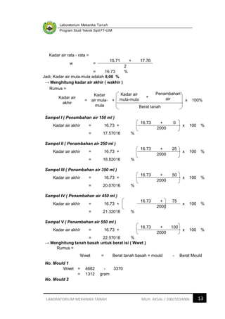 Laboratorium Mekanika Tanah
Program Studi Teknik Sipil FT-UIM
13
LABORATORIUM MEKANIKA TANAH MUH. AKSAL / 20025014006
Kadar air rata - rata =
w =
15.71 + 17.76
2
= 16.73 %
Jadi, Kadar air mula-mula adalah 8,06 %
→ Menghitung kadar air akhir ( wakhir )
Rumus =
Kadar air
akhir
=
Kadar
air mula-
mula
+
Kadar air
mula-mula
+
Penambahan
air x 100%
Berat tanah
Sampel I ( Penambahan air 150 ml )
Kadar air akhir = 16.73 +
16.73 + 0
x 100 %
2000
= 17.57016 %
Sampel II ( Penambahan air 250 ml )
Kadar air akhir = 16.73 +
16.73 + 25
x 100 %
2000
= 18.82016 %
Sampel III ( Penambahan air 350 ml )
Kadar air akhir = 16.73 +
16.73 + 50
x 100 %
2000
= 20.07016 %
Sampel IV ( Penambahan air 450 ml )
Kadar air akhir = 16.73 +
16.73 + 75
x 100 %
2000
= 21.32016 %
Sampel V ( Penambahan air 550 ml )
Kadar air akhir = 16.73 +
16.73 + 100
x 100 %
2000
= 22.57016 %
→ Menghitung tanah basah untuk berat isi ( Wwet )
Rumus =
Wwet = Berat tanah basah + mould - Berat Mould
No. Mould 1
Wwet = 4682 - 3370
= 1312 gram
No. Mould 2
 
