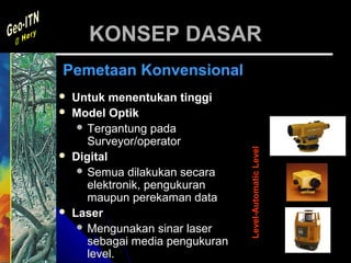 KONSEP DASAR
Pemetaan Konvensional
   Untuk menentukan tinggi
   Model Optik
      Tergantung pada
       Surveyor/operator




                                  Level-Automatic Level
   Digital
      Semua dilakukan secara
       elektronik, pengukuran
       maupun perekaman data
   Laser
      Mengunakan sinar laser
       sebagai media pengukuran
       level.
 