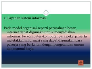 c. Layanan sistem informasi

Pada model organisai seperti perusahaan besar,
 internet dapat digunakn untuk menyediakan
 informasi ke komputer-komputer para pekerja, serta
 meletakkan informasi yang dapat digunakan para
 pekerja yang berkaitan denganpengetahuan umum
 dan manual kerja.
 