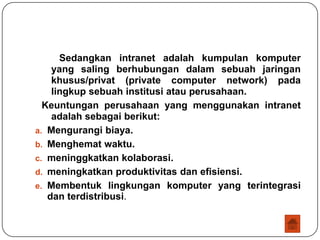 Sedangkan intranet adalah kumpulan komputer
    yang saling berhubungan dalam sebuah jaringan
    khusus/privat (private computer network) pada
    lingkup sebuah institusi atau perusahaan.
  Keuntungan perusahaan yang menggunakan intranet
    adalah sebagai berikut:
a. Mengurangi biaya.
b. Menghemat waktu.
c. meninggkatkan kolaborasi.
d. meningkatkan produktivitas dan efisiensi.
e. Membentuk lingkungan komputer yang terintegrasi
   dan terdistribusi.
 