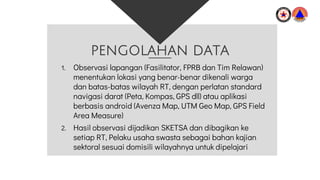 1. Observasi lapangan (Fasilitator, FPRB dan Tim Relawan)
menentukan lokasi yang benar-benar dikenali warga
dan batas-batas wilayah RT, dengan perlatan standard
navigasi darat (Peta, Kompas, GPS dll) atau aplikasi
berbasis android (Avenza Map, UTM Geo Map, GPS Field
Area Measure)
2. Hasil observasi dijadikan SKETSA dan dibagikan ke
setiap RT, Pelaku usaha swasta sebagai bahan kajian
sektoral sesuai domisili wilayahnya untuk dipelajari
PENGOLAHAN DATA
 