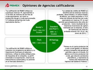 11
“La calificación de PEMEX refleja sus
cuantiosas reservas 1P, equivalentes a
13.8 miles de millones de barriles de
crudo equivalente, así como su
producción de gas y crudo que promedia
3.7 millones de barriles de crudo
equivalente diarios…”
“La calidad de crédito de PEMEX se
beneficia de las extensas reservas
probadas, desarrolladas y no desarrolladas
de México, las cuales equivalen a 13.8
miles de millones de barriles de crudo
equivalente en reservas 1P, lo cual
permite aproximadamente diez años de
producción. Como resultado de las
intensivas inversiones de capital
realizadas por la empresa, la tasa
de restitución de reservas
probadas alcanzó 101.1% al 1 de
enero de 2012…”
“La calificación de PEMEX refleja su
conexión con el gobierno de México y su
importancia fiscal para el soberano.
Asimismo, refleja la sólida utilidad antes
de impuestos de la compañía, su perfil
orientado a la exportación, reservas de
hidrocarburos sustanciales y su posición
en el mercado domestico.”
“Pemex es el cuarto productor de
crudo a nivel global y la décimo
primera compañía más grande de
petróleo y gas en el mundo. En
México es el único productor de
crudo, gas natural y productos
petrolíferos, y representa la
fuente más importante de
ingresos del Gobierno Federal.”
Standard
and Poor’s
BBB/ A-/
Estable
Moody’s
Baa1/ Aaa.mx/
Estable
HR Ratings
AAA
Fitch
BBB / AAA (mex)
Opiniones de Agencias calificadoras
 