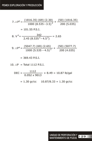 PEMEX EXPLORACIÓN Y PRODUCCIÓN
PEMEX EXPLORACIÓN Y PRODUCCIÓN
129
UNIDAD DE PERFORACIÓN Y
MANTENIMIENTO DE POZOS
UNIDAD DE PERFORACIÓN Y
MANTENIMIENTO DE POZOS
= 101.55 P.S.I.
7. P =
3
(1816.35) (69) (2.30) (50) (1816.35)
1000 (8.535 –3.5) 2
200 (5.035)
+
= 369.43 P.S.I.
9. P =
4
(5047.7) (69) (2.65) (50) (5077.7)
1000 (5.535 – 4.5) 2
200 (4.035)
+
10. P = Total 1112 P.S.I.
DEC =
1112
0.052 x 9013
+ 8.49 = 10.87 lb/gal
= 1.30 gr/cc 10.87/8.33 = 1.30 gr/cc
8. V =
4 342
= 2.65
2.45 (8.535 – 4.52
)
2
 