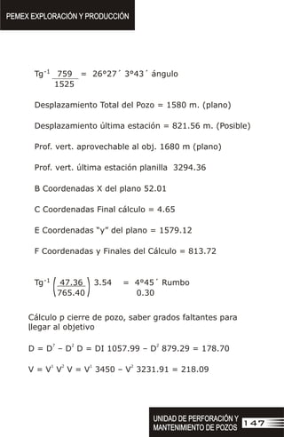 Tg-1
759 = 26°27´ 3°43´ ángulo
1525
Desplazamiento Total del Pozo = 1580 m. (plano)
Desplazamiento última estación = 821.56 m. (Posible)
Prof. vert. aprovechable al obj. 1680 m (plano)
Prof. vert. última estación planilla 3294.36
B Coordenadas X del plano 52.01
C Coordenadas Final cálculo = 4.65
E Coordenadas “y” del plano = 1579.12
F Coordenadas y Finales del Cálculo = 813.72
Tg 47.36 3.54 = 4°45´ Rumbo
0.30
)
765.40
)
-1
PEMEX EXPLORACIÓN Y PRODUCCIÓN
PEMEX EXPLORACIÓN Y PRODUCCIÓN
147
UNIDAD DE PERFORACIÓN Y
MANTENIMIENTO DE POZOS
UNIDAD DE PERFORACIÓN Y
MANTENIMIENTO DE POZOS
Cálculo p cierre de pozo, saber grados faltantes para
llegar al objetivo
.
7 2 2
D = D – D D = DI 1057.99 – D 879.29 = 178.70
1 2 1 2
V = V V V = V 3450 – V 3231.91 = 218.09
 