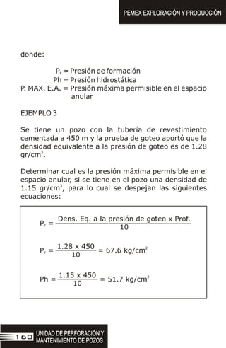 donde:
P = Presión de formación
F
Ph = Presión hidrostática
P. MAX. E.A. = Presión máxima permisible en el espacio
anular
EJEMPLO 3
Se tiene un pozo con la tubería de revestimiento
cementada a 450 m y la prueba de goteo aportó que la
densidad equivalente a la presión de goteo es de 1.28
3
gr/cm .
Determinar cual es la presión máxima permisible en el
espacio anular, si se tiene en el pozo una densidad de
3
1.15 gr/cm , para lo cual se despejan las siguientes
ecuaciones:
Dens. Eq. a la presión de goteo x Prof.
10
P =
F
1.28 x 450
10
P =
F
2
= 67.6 kg/cm
1.15 x 450
10
Ph =
2
= 51.7 kg/cm
UNIDAD DE PERFORACIÓN Y
MANTENIMIENTO DE POZOS
UNIDAD DE PERFORACIÓN Y
MANTENIMIENTO DE POZOS
160
PEMEX EXPLORACIÓN Y PRODUCCIÓN
PEMEX EXPLORACIÓN Y PRODUCCIÓN
 