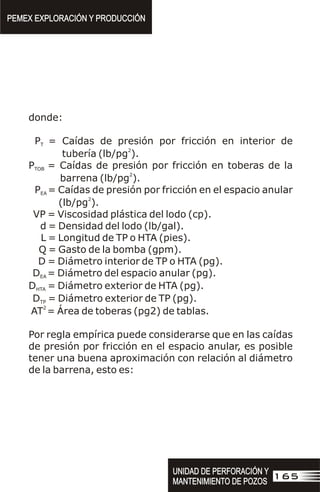 donde:
P = Caídas de presión por fricción en interior de
T
2
tubería (lb/pg ).
P = Caídas de presión por fricción en toberas de la
TOB
2
barrena (lb/pg ).
P = Caídas de presión por fricción en el espacio anular
EA
2
(lb/pg ).
VP = Viscosidad plástica del lodo (cp).
d = Densidad del lodo (lb/gal).
L = Longitud de TP o HTA (pies).
Q = Gasto de la bomba (gpm).
D = Diámetro interior de TP o HTA (pg).
D = Diámetro del espacio anular (pg).
EA
D = Diámetro exterior de HTA (pg).
HTA
D = Diámetro exterior de TP (pg).
TP
2
AT = Área de toberas (pg2) de tablas.
Por regla empírica puede considerarse que en las caídas
de presión por fricción en el espacio anular, es posible
tener una buena aproximación con relación al diámetro
de la barrena, esto es:
PEMEX EXPLORACIÓN Y PRODUCCIÓN
PEMEX EXPLORACIÓN Y PRODUCCIÓN
165
UNIDAD DE PERFORACIÓN Y
MANTENIMIENTO DE POZOS
UNIDAD DE PERFORACIÓN Y
MANTENIMIENTO DE POZOS
 
