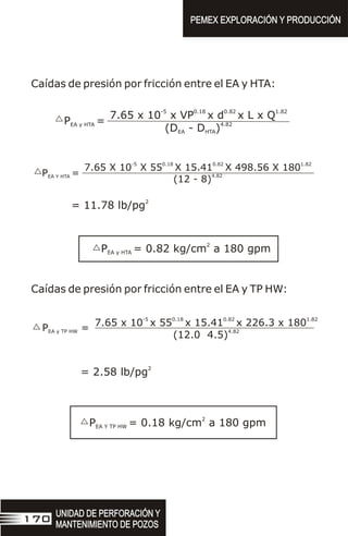 Caídas de presión por fricción entre el EA y HTA:
-5 0.18 0.82 1.82
7.65 x 10 x VP x d x L x Q
4.82
(D - D )
EA HTA
P =
EA y HTA
-5 0.18 0.82 1.82
7.65 X 10 X 55 X 15.41 X 498.56 X 180
4.82
(12 - 8)
P =
EA Y HTA
2
= 11.78 lb/pg
2
P = 0.82 kg/cm a 180 gpm
EA y HTA
Caídas de presión por fricción entre el EA y TP HW:
-5 0.18 0.82 1.82
7.65 x 10 x 55 x 15.41 x 226.3 x 180
4.82
(12.0 4.5)
P =
EA y TP HW
2
= 2.58 lb/pg
2
P = 0.18 kg/cm a 180 gpm
EA Y TP HW
UNIDAD DE PERFORACIÓN Y
MANTENIMIENTO DE POZOS
UNIDAD DE PERFORACIÓN Y
MANTENIMIENTO DE POZOS
170
PEMEX EXPLORACIÓN Y PRODUCCIÓN
PEMEX EXPLORACIÓN Y PRODUCCIÓN
 