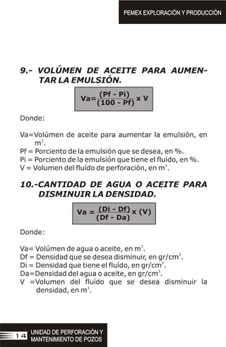 9.- VOLÚMEN DE ACEITE PARA AUMEN-
TAR LA EMULSIÓN.
Donde:
Va=Volúmen de aceite para aumentar la emulsión, en
3
m .
Pf = Porciento de la emulsión que se desea, en %.
Pi = Porciento de la emulsión que tiene el fluido, en %.
3
V = Volumen del fluído de perforación, en m .
10.-CANTIDAD DE AGUA O ACEITE PARA
DISMINUIR LA DENSIDAD.
Donde:
3
Va= Volúmen de agua o aceite, en m .
3
Df = Densidad que se desea disminuir, en gr/cm .
3
Di = Densidad que tiene el fluído, en gr/cm .
3
Da=Densidad del agua o aceite, en gr/cm .
V =Volumen del fluído que se desea disminuir la
3
densidad, en m .
PEMEX EXPLORACIÓN Y PRODUCCIÓN
PEMEX EXPLORACIÓN Y PRODUCCIÓN
UNIDAD DE PERFORACIÓN Y
MANTENIMIENTO DE POZOS
UNIDAD DE PERFORACIÓN Y
MANTENIMIENTO DE POZOS
14
(Di - Df)
(Df - Da)
Va = x (V)
(Pf - Pi)
(100 - Pf)
Va= x V
 