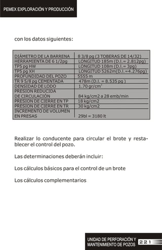 con los datos siguientes:
DIÁMETRO DE LA BARRENA 8 3/8 pg (3 TOBERAS DE 14/32)
HERRAMIENTA DE 6 1/2pg LONGITUD 185m (D.l.= 2.812pg)
TP5 pg HW LONGITUD 108m (D.l.= 3pg)
TP5 pg XH LONGITUD 5262m(D.l.=4.276pg)
PROFUNDIDAD DEL POZO 5555 m
TR 9 5/8 pg CEMENTADA 478m (D.l. = 8.535 pg )
3
DENSIDAD DE LODO 1.70 gr/cm
PRESION REDUCIDA
DE CIRCULACIÓN 84 kg/cm2 a 28 emb/min
PRESION DE CIERRE EN TP 18 kg/cm2
PRESION DE CIERRE EN TR 30 kg/cm2
INCREMENTO DE VOLUMEN
EN PRESAS 29bl = 3180 lt
Realizar lo conducente para circular el brote y resta-
blecer el control del pozo.
Las determinaciones deberán incluir:
Los cálculos básicos para el control de un brote
Los cálculos complementarios
PEMEX EXPLORACIÓN Y PRODUCCIÓN
PEMEX EXPLORACIÓN Y PRODUCCIÓN
UNIDAD DE PERFORACIÓN Y
MANTENIMIENTO DE POZOS
UNIDAD DE PERFORACIÓN Y
MANTENIMIENTO DE POZOS
221
 