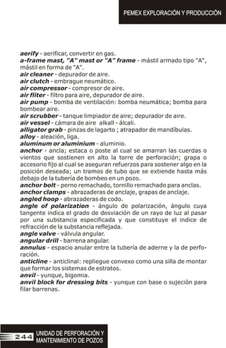 aerify - aerificar, convertir en gas.
a-frame mast, "A" mast or "A" frame - mástil armado tipo "A",
mástil en forma de "A".
air cleaner - depurador de aire.
air clutch - embrague neumático.
air compressor - compresor de aire.
air fliter - filtro para aire, depurador de aire.
air pump - bomba de ventilación: bomba neumática; bomba para
bombear aire.
air scrubber - tanque limpiador de aire; depurador de aire.
air vessel - cámara de aire alkall - álcali.
alligator grab - pinzas de lagarto ; atrapador de mandíbulas.
alloy - aleación, liga.
aluminum or aluminium - aluminio.
anchor - ancla; estaca o poste al cual se amarran las cuerdas o
vientos que sostienen en alto la torre de perforación; grapa o
accesorio fijo al cual se aseguran refuerzos para sostener algo en la
posición deseada; un tramos de tubo que se extiende hasta más
debajo de la tubería de bombeo en un pozo.
anchor bolt - perno remachado, tornillo remachado para anclas.
anchor clamps - abrazaderas de anclaje, grapas de anclaje.
angled hoop - abrazaderas de codo.
angle of polarization - ángulo de polarización, ángulo cuya
tangente indica el grado de desviación de un rayo de luz al pasar
por una substancia especificada y que constituye el indice de
refracción de la substancia reflejada.
angle valve - válvula angular.
angular drill - barrena angular.
annulus - espacio anular entre la tubería de aderne y la de perfo-
ración.
anticline - anticlinal: repliegue convexo como una silla de montar
que formar los sistemas de estratos.
anvil - yunque, bigomia.
anvil block for dressing bits - yunque con base o sujeción para
filar barrenas.
PEMEX EXPLORACIÓN Y PRODUCCIÓN
PEMEX EXPLORACIÓN Y PRODUCCIÓN
UNIDAD DE PERFORACIÓN Y
MANTENIMIENTO DE POZOS
UNIDAD DE PERFORACIÓN Y
MANTENIMIENTO DE POZOS
244
 