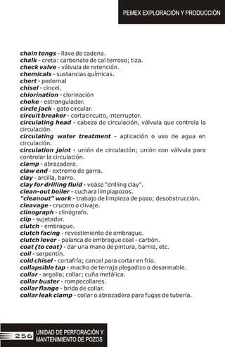 chain tongs - llave de cadena.
chalk - creta: carbonato de cal terroso; tiza.
check valve - válvula de retención.
chemicals - sustancias químicas.
chert - pedernal
chisel - cincel.
chiorination - clorinación
choke - estrangulador.
circle jack - gato circular.
circuit breaker - cortacircuito, interruptor.
circulating head - cabeza de circulación, válvula que controla la
circulación.
circulating water treatment - aplicación o uso de agua en
circulación.
circulation joint - unión de circulación; unión con válvula para
controlar la circulación.
clamp - abrazadera.
claw end - extremo de garra.
clay - arcilla, barro.
clay for drilling fluid - veáse "drilling clay".
clean-out boiler - cuchara limpiapozos.
"cleanout" work - trabajo de limpieza de pozo; desobstrucción.
cleavage - crucero o clivaje.
clinograph - clinógrafo.
clip - sujetador.
clutch - embrague.
clutch facing - revestimiento de embrague.
clutch lever - palanca de embrague coal - carbón.
coat (to coat) - dar una mano de pintura, barniz, etc.
coil - serpentín.
cold chisel - cortafrío; cancel para cortar en frío.
collapsible tap - macho de terraja plegadizo o desarmable.
collar - argolla; collar; cuña metálica.
collar buster - rompecollares.
collar flange - brida de collar.
collar leak clamp - collar o abrazadera para fugas de tubería.
PEMEX EXPLORACIÓN Y PRODUCCIÓN
PEMEX EXPLORACIÓN Y PRODUCCIÓN
UNIDAD DE PERFORACIÓN Y
MANTENIMIENTO DE POZOS
UNIDAD DE PERFORACIÓN Y
MANTENIMIENTO DE POZOS
256
 