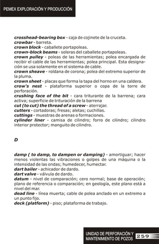crosshead-bearing box - caja de cojinete de la cruceta.
crowbar - barreta.
crown block - caballete portapoleas.
crown-block beams - soleras del caballete portapoleas.
crown pulley - poleas de las herramientas; polea encargada de
recibir el cable de las herramientas; polea principal. Esta designa-
ción se usa solamente en el sistema de cable.
crown sheave - roldana de corona; polea del extremo superior de
la pluma.
crown sheet - placas que forma la tapa del horno en una caldera.
crow's nest - plataforma superior o copa de la torre de
perforación.
crushing face of the bit - cara triturante de la barrena; cara
activa; superficie de trituración de la barrena
cut (to cut) the thread of a screw - aterrajar.
cutters - cortadoras; fresas; aletas; cuchillas.
cuttings - muestras de arenas o formaciones.
cylinder liner - camisa de cilindro; forro de cilindro; cilindro
interior protector; manguito de cilindro.
D
damp ( to damp, to dampen or damping) - amortiguar; hacer
menos violentas las vibraciones o golpes de una máquina o la
intensidad de las ondas; humedecer, humectar.
dart bailer - achicador de dardo.
dart valve - válvula de dardo.
datum - nivel de comparación; cero normal; base de operación;
plano de referencia o comparación; en geología, este plano está a
nivel del mar.
dead line - línea muerta; cable de polea anclado en un extremo a
un punto fijo.
deck (platform) - piso; plataforma de trabajo.
PEMEX EXPLORACIÓN Y PRODUCCIÓN
PEMEX EXPLORACIÓN Y PRODUCCIÓN
UNIDAD DE PERFORACIÓN Y
MANTENIMIENTO DE POZOS
UNIDAD DE PERFORACIÓN Y
MANTENIMIENTO DE POZOS
259
 