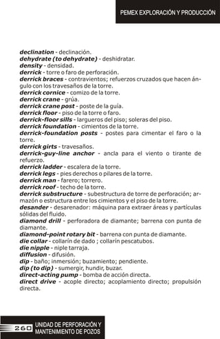 declination - declinación.
dehydrate (to dehydrate) - deshidratar.
density - densidad.
derrick - torre o faro de perforación.
derrick braces - contravientos; refuerzos cruzados que hacen án-
gulo con los travesaños de la torre.
derrick cornice - comizo de la torre.
derrick crane - grúa.
derrick crane post - poste de la guía.
derrick floor - piso de la torre o faro.
derrick-floor sills - largueros del piso; soleras del piso.
derrick foundation - cimientos de la torre.
derrick-foundation posts - postes para cimentar el faro o la
torre.
derrick girts - travesaños.
derrick-guy-line anchor - ancla para el viento o tirante de
refuerzo.
derrick ladder - escalera de la torre.
derrick legs - pies derechos o pilares de la torre.
derrick man - farero; torrero.
derrick roof - techo de la torre.
derrick substructure - subestructura de torre de perforación; ar-
mazón o estructura entre los cimientos y el piso de la torre.
desander - desarenador: máquina para extraer áreas y partículas
sólidas del fluido.
diamond drill - perforadora de diamante; barrena con punta de
diamante.
diamond-point rotary bit - barrena con punta de diamante.
die collar - collarín de dado ; collarín pescatubos.
die nipple - niple tarraja.
diffusion - difusión.
dip - baño; inmersión; buzamiento; pendiente.
dip (to dip) - sumergir, hundir, buzar.
direct-acting pump - bomba de acción directa.
direct drive - acople directo; acoplamiento directo; propulsión
directa.
PEMEX EXPLORACIÓN Y PRODUCCIÓN
PEMEX EXPLORACIÓN Y PRODUCCIÓN
UNIDAD DE PERFORACIÓN Y
MANTENIMIENTO DE POZOS
UNIDAD DE PERFORACIÓN Y
MANTENIMIENTO DE POZOS
260
 