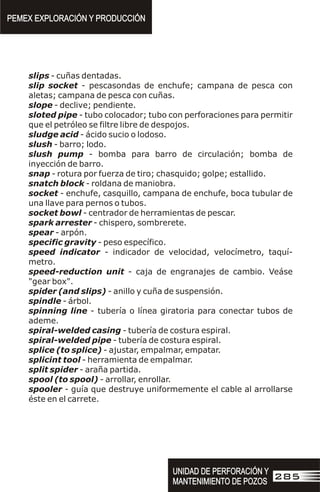 slips - cuñas dentadas.
slip socket - pescasondas de enchufe; campana de pesca con
aletas; campana de pesca con cuñas.
slope - declive; pendiente.
sloted pipe - tubo colocador; tubo con perforaciones para permitir
que el petróleo se filtre libre de despojos.
sludge acid - ácido sucio o lodoso.
slush - barro; lodo.
slush pump - bomba para barro de circulación; bomba de
inyección de barro.
snap - rotura por fuerza de tiro; chasquido; golpe; estallido.
snatch block - roldana de maniobra.
socket - enchufe, casquillo, campana de enchufe, boca tubular de
una llave para pernos o tubos.
socket bowl - centrador de herramientas de pescar.
spark arrester - chispero, sombrerete.
spear - arpón.
specific gravity - peso específico.
speed indicator - indicador de velocidad, velocímetro, taquí-
metro.
speed-reduction unit - caja de engranajes de cambio. Veáse
"gear box".
spider (and slips) - anillo y cuña de suspensión.
spindle - árbol.
spinning line - tubería o línea giratoria para conectar tubos de
ademe.
spiral-welded casing - tubería de costura espiral.
spiral-welded pipe - tubería de costura espiral.
splice (to splice) - ajustar, empalmar, empatar.
splicint tool - herramienta de empalmar.
split spider - araña partida.
spool (to spool) - arrollar, enrollar.
spooler - guía que destruye uniformemente el cable al arrollarse
éste en el carrete.
PEMEX EXPLORACIÓN Y PRODUCCIÓN
PEMEX EXPLORACIÓN Y PRODUCCIÓN
UNIDAD DE PERFORACIÓN Y
MANTENIMIENTO DE POZOS
UNIDAD DE PERFORACIÓN Y
MANTENIMIENTO DE POZOS
285
 