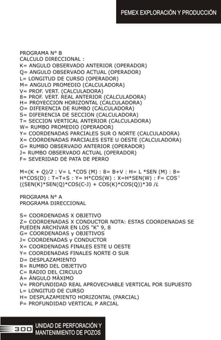 PROGRAMA N° B
CALCULO DIRECCIONAL :
K= ANGULO OBSERVADO ANTERIOR (OPERADOR)
Q= ANGULO OBSERVADO ACTUAL (OPERADOR)
L= LONGITUD DE CURSO (OPERADOR)
M= ANGULO PROMEDIO (CALCULADORA)
V= PROF. VERT. (CALCULADORA)
8= PROF. VERT. REAL ANTERIOR (CALCULADORA)
H= PROYECCION HORIZONTAL (CALCULADORA)
O= DIFERENCIA DE RUMBO (CALCULADORA)
S= DIFERENCIA DE SECCION (CALCULADORA)
T= SECCION VERTICAL ANTERIOR (CALCULADORA)
W= RUMBO PROMEDIO (OPERADOR)
Y= COORDENADAS PARCIALES SUR O NORTE (CALCULADORA)
X= COORDENADAS PARCIALES ESTE U OESTE (CALCULADORA)
G= RUMBO OBSERVADO ANTERIOR (OPERADOR)
J= RUMBO OBSERVADO ACTUAL (OPERADOR)
F= SEVERIDAD DE PATA DE PERRO
M=(K + Q)/2 : V= L *COS (M) : 8= B+V : H= L *SEN (M) : 8=
-1
H*COS(D) : T=T+S : Y= H*COS(W) : X=H*SEN(W) : F= COS
((SEN(K)*SEN(Q)*COS(C-J) + COS(K)*COS(Q))*30 /L
PROGRAMA N° A
PROGRAMA DIRECCIONAL
S= COORDENADAS X OBJETIVO
Z= COORDENADAS X CONDUCTOR NOTA: ESTAS COORDENADAS SE
PUEDEN ARCHIVAR EN LOS "K" 9, 8
G= COORDENADAS y OBJETIVOS
J= COORDENADAS y CONDUCTOR
X= COORDENADAS FINALES ESTE U OESTE
Y= COORDENADAS FINALES NORTE O SUR
D= DESPLAZAMIENTO
R= RUMBO DEL OBJETIVO
C= RADIO DEL CIRCULO
A= ÁNGULO MÁXIMO
V= PROFUNDIDAD REAL APROVECHABLE VERTICAL POR SUPUESTO
L= LONGITUD DE CURSO
H= DESPLAZAMIENTO HORIZONTAL (PARCIAL)
P= PROFUNDIDAD VERTICAL P ARCIAL
PEMEX EXPLORACIÓN Y PRODUCCIÓN
PEMEX EXPLORACIÓN Y PRODUCCIÓN
UNIDAD DE PERFORACIÓN Y
MANTENIMIENTO DE POZOS
UNIDAD DE PERFORACIÓN Y
MANTENIMIENTO DE POZOS
300
 