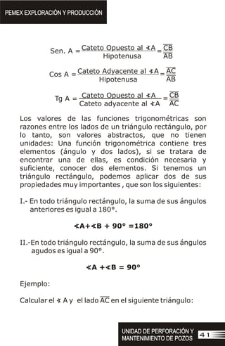 Cateto Opuesto al <A
Hipotenusa
Sen. A = CB
AB
=
Cateto Adyacente al <A
Hipotenusa
Cos A =
AC
AB
=
Los valores de las funciones trigonométricas son
razones entre los lados de un triángulo rectángulo, por
lo tanto, son valores abstractos, que no tienen
unidades: Una función trigonométrica contiene tres
elementos (ángulo y dos lados), si se tratara de
encontrar una de ellas, es condición necesaria y
suficiente, conocer dos elementos. Si tenemos un
triángulo rectángulo, podemos aplicar dos de sus
propiedades muy importantes , que son los siguientes:
I.- En todo triángulo rectángulo, la suma de sus ángulos
anteriores es igual a 180°.
<A+<B + 90° =180°
II.-En todo triángulo rectángulo, la suma de sus ángulos
agudos es igual a 90°.
<A +<B = 90°
Ejemplo:
Calcular el < A y el lado AC en el siguiente triángulo:
PEMEX EXPLORACIÓN Y PRODUCCIÓN
PEMEX EXPLORACIÓN Y PRODUCCIÓN
UNIDAD DE PERFORACIÓN Y
MANTENIMIENTO DE POZOS
UNIDAD DE PERFORACIÓN Y
MANTENIMIENTO DE POZOS
41
Cateto Opuesto al <A
Cateto adyacente al <A
Tg A =
CB
AC
=
 