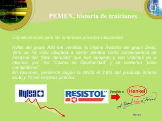 PEMEX, historia de traiciones Consecuencias para las empresas privadas nacionales: Hylsa del grupo Alfa fue vendida, lo mismo Resistol del grupo Desc. Vitro se ha visto obligada a cerrar plantas como consecuencia de fracasos del “libre mercado” que han apoyado y son víctimas de si mismos, por  los “Costos de Oportunidad” y se volvieron “poco competitivos”. En resumen, perdieron según la ANIQ el 3.8% del producto interno bruto y 72 mil empleos directos. Vendido a 