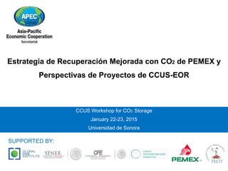 CCUS Workshop for CO2 Storage
January 22-23, 2015
Universidad de Sonora
SUPPORTED BY:
Estrategia de Recuperación Mejorada con CO2 de PEMEX y
Perspectivas de Proyectos de CCUS-EOR
 