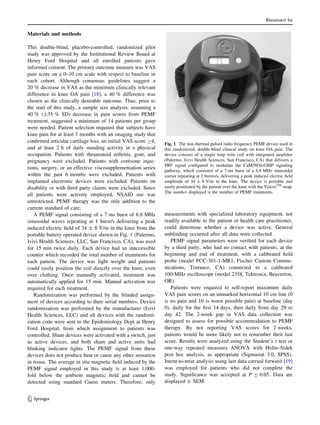 Materials and methods
This double-blind, placebo-controlled, randomized pilot
study was approved by the Institutional Review Board at
Henry Ford Hospital and all enrolled patients gave
informed consent. The primary outcome measure was VAS
pain score on a 0–10 cm scale with respect to baseline in
each cohort. Although consensus guidelines suggest a
20 % decrease in VAS as the minimum clinically relevant
difference in knee OA pain [18], a 40 % difference was
chosen as the clinically desirable outcome. Thus, prior to
the start of this study, a sample size analysis, assuming a
40 % (±35 % SD) decrease in pain scores from PEMF
treatment, suggested a minimum of 14 patients per group
were needed. Patient selection required that subjects have
knee pain for at least 3 months with an imaging study that
conﬁrmed articular cartilage loss, an initial VAS score C4,
and at least 2 h of daily standing activity in a physical
occupation. Patients with rheumatoid arthritis, gout, and
pregnancy were excluded. Patients with cortisone injec-
tions, surgery, or an effective viscosupplementation series
within the past 6 months were excluded. Patients with
implanted electronic devices were excluded. Patients on
disability or with third party claims were excluded. Since
all patients were actively employed, NSAID use was
unrestricted. PEMF therapy was the only addition to the
current standard of care.
A PEMF signal consisting of a 7 ms burst of 6.8 MHz
sinusoidal waves repeating at 1 burst/s delivering a peak
induced electric ﬁeld of 34 ± 8 V/m in the knee from the
portable battery operated device shown in Fig. 1 (Palermo,
Ivivi Health Sciences, LLC, San Francisco, CA), was used
for 15 min twice daily. Each device had an inaccessible
counter which recorded the total number of treatments for
each patient. The device was light weight and patients
could easily position the coil directly over the knee, even
over clothing. Once manually activated, treatment was
automatically applied for 15 min. Manual activation was
required for each treatment.
Randomization was performed by the blinded assign-
ment of devices according to their serial numbers. Device
randomization was performed by the manufacturer (Ivivi
Health Sciences, LLC) and all devices with the randomi-
zation code were sent to the Epidemiology Dept at Henry
Ford Hospital, from which assignment to patients was
controlled. Sham devices were activated with a switch, just
as active devices, and both sham and active units had
blinking indicator lights. The PEMF signal from these
devices does not produce heat or cause any other sensation
in tissue. The average in situ magnetic ﬁeld induced by the
PEMF signal employed in this study is at least 1,000-
fold below the ambient magnetic ﬁeld and cannot be
detected using standard Gauss meters. Therefore, only
measurements with specialized laboratory equipment, not
readily available to the patient or health care practitioner,
could determine whether a device was active. General
unblinding occurred after all data were collected.
PEMF signal parameters were veriﬁed for each device
by a third party, who had no contact with patients, at the
beginning and end of treatment, with a calibrated ﬁeld
probe (model FCC-301-1-MR1, Fischer Custom Commu-
nications, Torrance, CA) connected to a calibrated
100-MHz oscilloscope (model 2358, Tektronix, Beaverton,
OR).
Patients were required to self-report maximum daily
VAS pain scores on an unmarked horizontal 10 cm line (0
is no pain and 10 is worst possible pain) at baseline (day
0), daily for the ﬁrst 14 days, then daily from day 29 to
day 42. The 2-week gap in VAS data collection was
designed to assess for possible accommodation to PEMF
therapy. By not reporting VAS scores for 2 weeks,
patients would be more likely not to remember their last
score. Results were analyzed using the Student’s t test or
one-way repeated measures ANOVA with Holm–Sidek
post hoc analysis, as appropriate (Sigmastat 3.0, SPSS).
Intent-to-treat analysis using last data carried forward [19]
was employed for patients who did not complete the
study. Signiﬁcance was accepted at P B 0.05. Data are
displayed ± SEM.
Fig. 1 The non-thermal pulsed radio frequency PEMF device used in
this randomized, double-blind clinical study on knee OA pain. The
device consists of a single loop wire coil with integrated ampliﬁer
(Palermo, Ivivi Health Sciences, San Francisco, CA) that delivers a
PRF signal conﬁgured to modulate the CaM/NO/cGMP signaling
pathway, which consisted of a 7-ms burst of a 6.8 MHz sinusoidal
carrier repeating at 2 bursts/s, delivering a peak induced electric ﬁeld
amplitude of 34 ± 8 V/m in the knee. The device is portable and
easily positioned by the patient over the knee with the VelcroTM
strap.
The number displayed is the number of PEMF treatments
Rheumatol Int
123
 