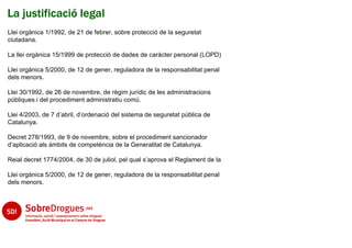 La justificació legal
Llei orgànica 1/1992, de 21 de febrer, sobre protecció de la seguretat
ciutadana.

La llei orgànica 15/1999 de protecció de dades de caràcter personal (LOPD)

Llei orgànica 5/2000, de 12 de gener, reguladora de la responsabilitat penal
dels menors.

Llei 30/1992, de 26 de novembre, de règim jurídic de les administracions
públiques i del procediment administratiu comú.

Llei 4/2003, de 7 d’abril, d’ordenació del sistema de seguretat pública de
Catalunya.

Decret 278/1993, de 9 de novembre, sobre el procediment sancionador
d’aplicació als àmbits de competència de la Generalitat de Catalunya.

Reial decret 1774/2004, de 30 de juliol, pel qual s’aprova el Reglament de la

Llei orgànica 5/2000, de 12 de gener, reguladora de la responsabilitat penal
dels menors.
 