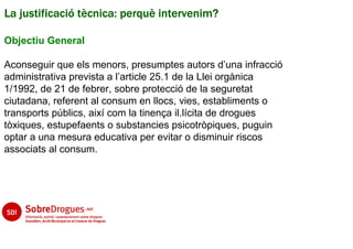 La justificació tècnica: perquè intervenim?

Objectiu General

Aconseguir que els menors, presumptes autors d’una infracció
administrativa prevista a l’article 25.1 de la Llei orgànica
1/1992, de 21 de febrer, sobre protecció de la seguretat
ciutadana, referent al consum en llocs, vies, establiments o
transports públics, així com la tinença il.lícita de drogues
tòxiques, estupefaents o substancies psicotròpiques, puguin
optar a una mesura educativa per evitar o disminuir riscos
associats al consum.
 