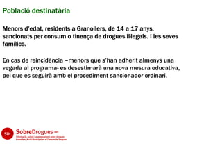 Població destinatària

Menors d’edat, residents a Granollers, de 14 a 17 anys,
sancionats per consum o tinença de drogues il—legals. I les seves
famílies.

En cas de reincidència –menors que s’han adherit almenys una
vegada al programa- es desestimarà una nova mesura educativa,
pel que es seguirà amb el procediment sancionador ordinari.
 
