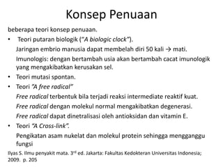 Konsep Penuaan
beberapa teori konsep penuaan.
• Teori putaran biologik (“A biologic clock”).
  Jaringan embrio manusia dapat membelah diri 50 kali → mati.
  Imunologis: dengan bertambah usia akan bertambah cacat imunologik
  yang mengakibatkan kerusakan sel.
• Teori mutasi spontan.
• Teori ”A free radical”
  Free radical terbentuk bila terjadi reaksi intermediate reaktif kuat.
  Free radical dengan molekul normal mengakibatkan degenerasi.
  Free radical dapat dinetralisasi oleh antioksidan dan vitamin E.
• Teori “A Cross-link”.
  Pengikatan asam nukelat dan molekul protein sehingga mengganggu
  fungsi
Ilyas S. Ilmu penyakit mata. 3rd ed. Jakarta: Fakultas Kedokteran Universitas Indonesia;
2009. p. 205
 