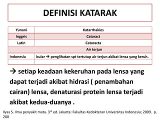 DEFINISI KATARAK
        Yunani                                    Katarrhakies
        Inggris                                     Cataract
         Latin                                      Cataracta
                                                    Air terjun
    Indonesia        bular  penglihatan spt tertutup air terjun akibat lensa yang keruh.


     setiap keadaan kekeruhan pada lensa yang
    dapat terjadi akibat hidrasi ( penambahan
    cairan) lensa, denaturasi protein lensa terjadi
    akibat kedua-duanya .
Ilyas S. Ilmu penyakit mata. 3rd ed. Jakarta: Fakultas Kedokteran Universitas Indonesia; 2009. p.
200
 