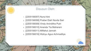 Disusun Oleh:
2
1. [2205156007] Nurul Aini
2. [2205156008] Pratiwi Diah Novita Sari
3. [2205156009] Vindy Aninditha Putri
...