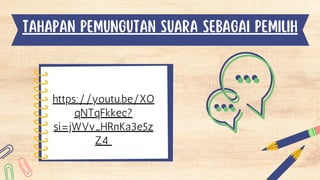 https://youtu.be/XO
qNTqFkkec?
si=jWVv_HRnKa3e5z
Z4
tahapan PEMUNGUTAN SUARA sebagaI PEMILIH
 