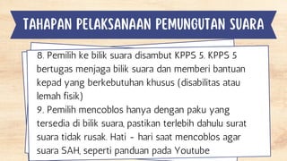 tahapan pelaksanaan pemungutan suara
8. Pemilih ke bilik suara disambut KPPS 5. KPPS 5
bertugas menjaga bilik suara dan memberi bantuan
kepad yang berkebutuhan khusus (disabilitas atau
lemah fisik)
9. Pemilih mencoblos hanya dengan paku yang
tersedia di bilik suara, pastikan terlebih dahulu surat
suara tidak rusak. Hati - hari saat mencoblos agar
suara SAH, seperti panduan pada Youtube
 