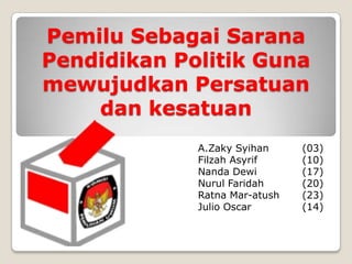 Pemilu Sebagai Sarana
Pendidikan Politik Guna
mewujudkan Persatuan
    dan kesatuan
             A.Zaky Syihan     (03)
             Filzah Asyrif     (10)
             Nanda Dewi        (17)
             Nurul Faridah     (20)
             Ratna Mar-atush   (23)
             Julio Oscar       (14)
 