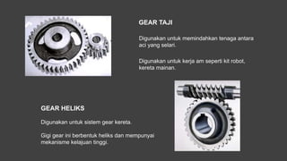 GEAR TAJI
Digunakan untuk memindahkan tenaga antara
aci yang selari.
Digunakan untuk kerja am seperti kit robot,
kereta mainan.
GEAR HELIKS
Digunakan untuk sistem gear kereta.
Gigi gear ini berbentuk heliks dan mempunyai
mekanisme kelajuan tinggi.
 
