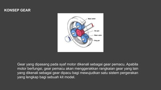 Gear yang dipasang pada syaf motor dikenali sebagai gear pemacu. Apabila
motor berfungsi, gear pemacu akan menggerakkan rangkaian gear yang lain
yang dikenali sebagai gear dipacu bagi mewujudkan satu sistem pergerakan
yang lengkap bagi sebuah kit model.
KONSEP GEAR
 