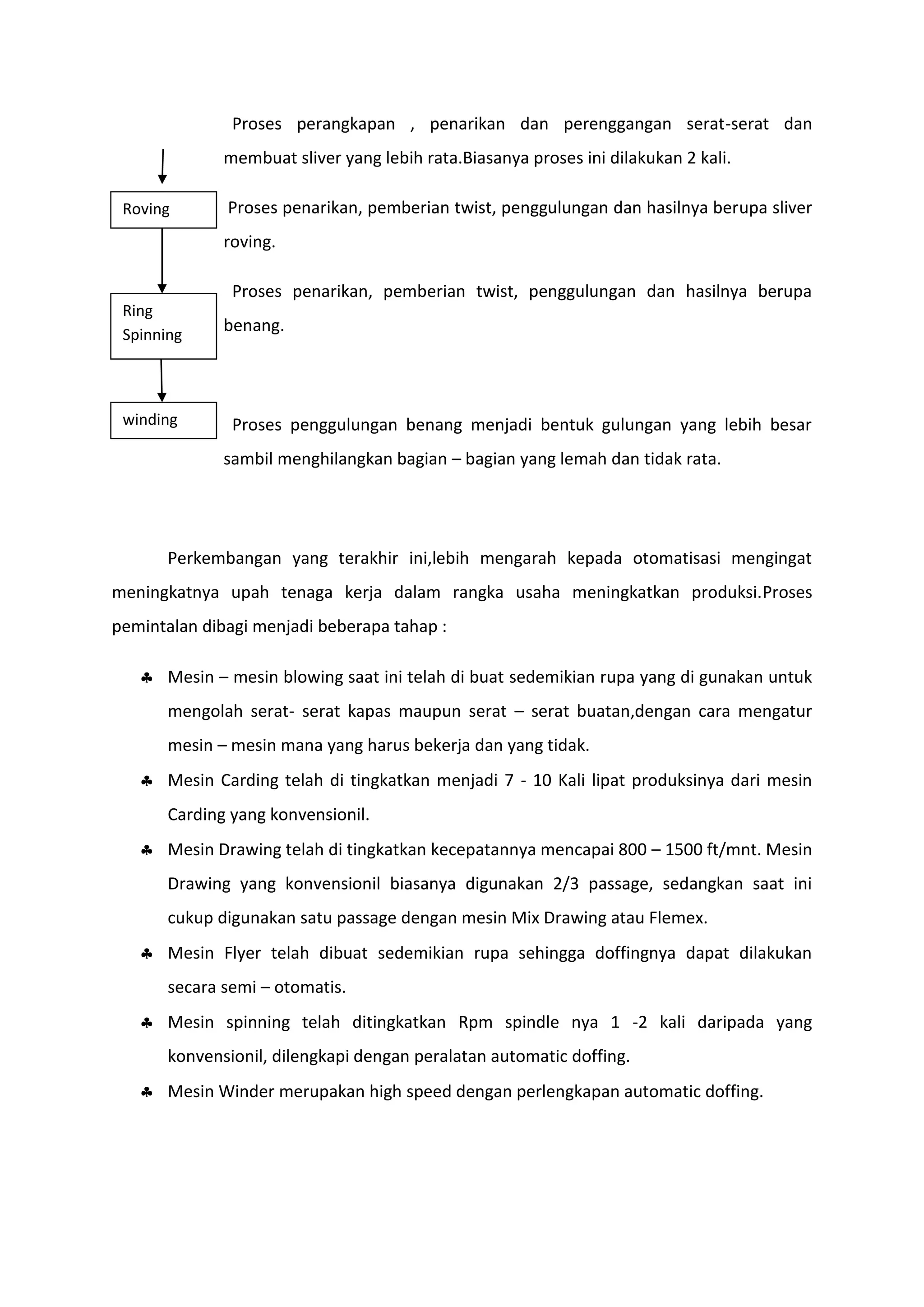 Proses perangkapan , penarikan dan perenggangan serat-serat dan
membuat sliver yang lebih rata.Biasanya proses ini dilakukan 2 kali.
Roving

Proses penarikan, pemberian twist, penggulungan dan hasilnya berupa sliver
roving.
Proses penarikan, pemberian twist, penggulungan dan hasilnya berupa

Ring
Spinning

winding

benang.

Proses penggulungan benang menjadi bentuk gulungan yang lebih besar
sambil menghilangkan bagian – bagian yang lemah dan tidak rata.

Perkembangan yang terakhir ini,lebih mengarah kepada otomatisasi mengingat
meningkatnya upah tenaga kerja dalam rangka usaha meningkatkan produksi.Proses
pemintalan dibagi menjadi beberapa tahap :
 Mesin – mesin blowing saat ini telah di buat sedemikian rupa yang di gunakan untuk
mengolah serat- serat kapas maupun serat – serat buatan,dengan cara mengatur
mesin – mesin mana yang harus bekerja dan yang tidak.
 Mesin Carding telah di tingkatkan menjadi 7 - 10 Kali lipat produksinya dari mesin
Carding yang konvensionil.
 Mesin Drawing telah di tingkatkan kecepatannya mencapai 800 – 1500 ft/mnt. Mesin
Drawing yang konvensionil biasanya digunakan 2/3 passage, sedangkan saat ini
cukup digunakan satu passage dengan mesin Mix Drawing atau Flemex.
 Mesin Flyer telah dibuat sedemikian rupa sehingga doffingnya dapat dilakukan
secara semi – otomatis.
 Mesin spinning telah ditingkatkan Rpm spindle nya 1 -2 kali daripada yang
konvensionil, dilengkapi dengan peralatan automatic doffing.
 Mesin Winder merupakan high speed dengan perlengkapan automatic doffing.

 