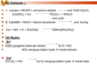 

Uji Kalsium :-

1- Larutan + NH4OH + ammonium oksalat
end. Putih CaC2O4

C2O4(NH4)2 + Ca2+
C2O4Ca ↓ + 2NH4Cl

end. putih
 2- Larutan + NH4Cl + Kalium ferosianida
end. kuning





Ca2+ + NH4+ + K+ + [Fe(CN)6]4-

CaNH4K[Fe(CN)6]↓










Uji NyalaSr2+
SrSO4 panaskan pada api reduksi
Sr S + HCl
SrCl2 menguap dalam nyala  merah krimson

Ca2+

Ca C2O4 + HCl

Ca Cl2 menguap dalam nyala  merah bata.

 