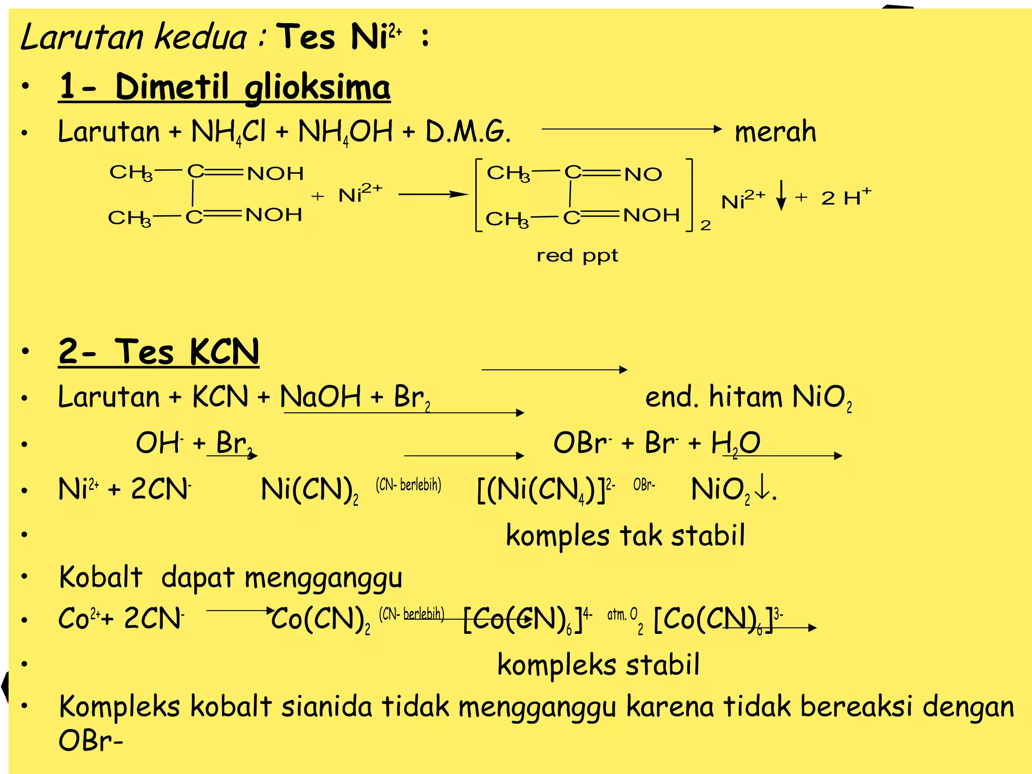 Larutan kedua : Tes Ni2+ :
• 1- Dimetil glioksima
• Larutan + NH4Cl + NH4OH + D.M.G.
CH
3

C

CH
3

C

NOH
NOH

merah

Ni

CH
3

C

CH
3

2+

C

NO
NOH

Ni2+

2 H+

2

red ppt

• 2- Tes KCN
• Larutan + KCN + NaOH + Br2
•

OH- + Br2

• Ni2+ + 2CN-

end. hitam NiO 2
OBr - + Br- + H2O

Ni(CN)2

(CN- berlebih)

[(Ni(CN4)]2-

OBr-

NiO2 ↓.

•
komples tak stabil
• Kobalt dapat mengganggu
Co(CN)2 (CN- berlebih) [Co(CN)6]4- atm. O2 [Co(CN)6]3• Co2++ 2CNkompleks stabil
•
• Kompleks kobalt sianida tidak mengganggu karena tidak bereaksi dengan
OBr-

 