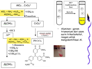 AlO2- + NH4+ +H2O(aq) 
Al(OH)3(s) +NH3(g)

•

Al3+ + NH4+ + 4OH-(aq) 
Al(OH)3(s) +NH3(g) +H2O(aq)

Aluminon : garam
triamonium dari asam
aurin trikarboksilat,
reagen untuk
mengidentifikasi Al.

 