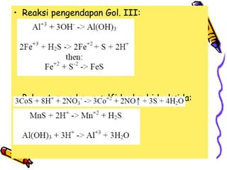 • Reaksi pengendapan Gol. III:

• Pelarutan endapan sulfida dan hidroksida:

 