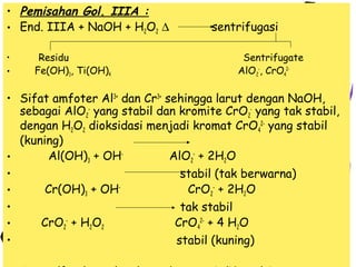 • Pemisahan Gol. IIIA :
• End. IIIA + NaOH + H2O2 ∆
•

•

Residu
Fe(OH)3, Ti(OH)4

sentrifugasi
Sentrifugate
AlO 2-, CrO42-

• Sifat amfoter Al3+ dan Cr3+ sehingga larut dengan NaOH,
sebagai AlO2- yang stabil dan kromite CrO2‑ yang tak stabil,
dengan H2O2 dioksidasi menjadi kromat CrO42- yang stabil
(kuning)
Al(OH)3 + OHAlO2- + 2H2O
•
stabil (tak berwarna)
•
Cr(OH)3 + OHCrO2- + 2H2O
•
•
tak stabil
CrO2- + H2O2
CrO42- + 4 H2O
•
stabil (kuning)
•

 