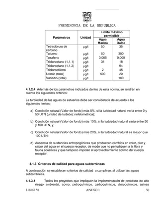 Parámetros Unidad
Límite máximo
permisible
Agua
Marina
Agua
Dulce
Tetracloruro de
carbono
µg/l 50 35
Tolueno µg/l 50 300
Toxafeno µg/l 0,005 0,000
Tricloroetano (1,1,1) µg/l 31 18
Tricloroetano (1,1,2) µg/l 94
Tricloroetileno µg/l 2 45
Uranio (total) µg/l 500 20
Vanadio (total) µg/l 100
4.1.2.4 Además de los parámetros indicados dentro de esta norma, se tendrán en
cuenta los siguientes criterios:
La turbiedad de las aguas de estuarios debe ser considerada de acuerdo a los
siguientes límites:
a) Condición natural (Valor de fondo) más 5%, si la turbiedad natural varía entre 0 y
50 UTN (unidad de turbidez nefelométrica);
b) Condición natural (Valor de fondo) más 10%, si la turbiedad natural varía entre 50
y 100 UTN, y,
c) Condición natural (Valor de fondo) más 20%, si la turbiedad natural es mayor que
100 UTN;
d) Ausencia de sustancias antropogénicas que produzcan cambios en color, olor y
sabor del agua en el cuerpo receptor, de modo que no perjudiquen a la flora y
fauna acuáticas y que tampoco impidan el aprovechamiento óptimo del cuerpo
receptor.
4.1.3 Criterios de calidad para aguas subterráneas
A continuación se establecen criterios de calidad a cumplirse, al utilizar las aguas
subterráneas.
4.1.3.1 Todos los proyectos que impliquen la implementación de procesos de alto
riesgo ambiental, como: petroquímicos, carboquímicos, cloroquímicos, usinas
LIBRO VI ANEXO 1 50
 