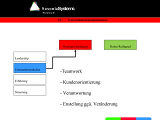 Niedriger Reifegrad Hoher Reifegrad Leadership Unternehmenskultur Erfahrung Steuerung   2.2 Unternehmenskomponeneten - Teamwork ist die Regel - Hohe Kundenorientierung bei jedem Mitarbeiter - jeder Mitarbeiter ist ein Verantwortungsträger - Hohe Veränderungsbereitschaft und ständiger Verbesserungsgedanke 